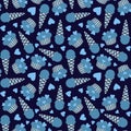 Vector seamless pattern with desserts; ice cream cones and cupcakes on dark blue background. Royalty Free Stock Photo